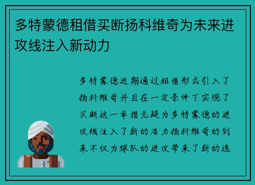 多特蒙德租借买断扬科维奇为未来进攻线注入新动力 多特蒙德租借买断扬科维奇为未来进攻线注入新动力